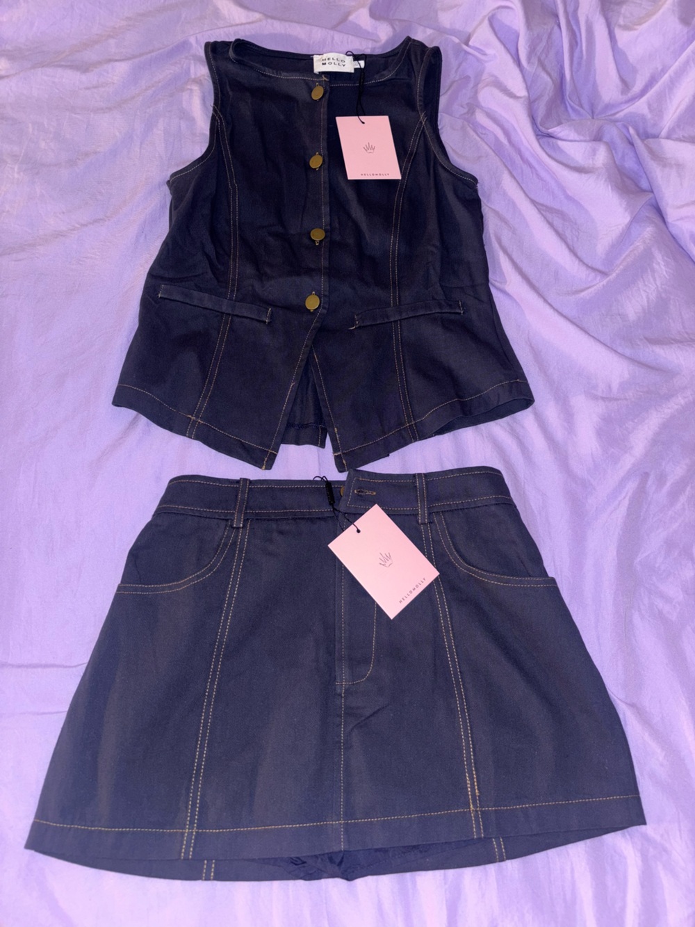 Hello Molly Navy Denim Vest & Skirt Set with Gold Buttons